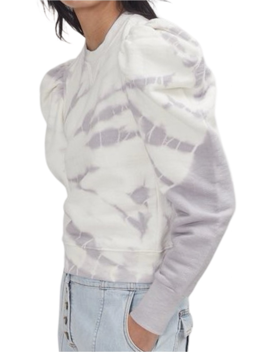 Ulla Johnson Womenโs Size S White & Lilac Thistle Tie-Dye Puff Sleeve Crewneck